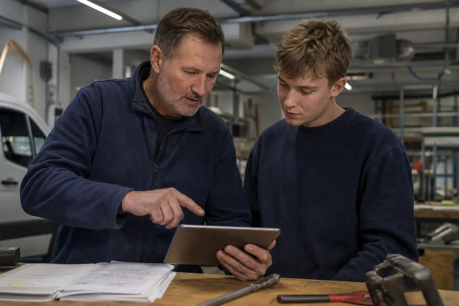 Ausbilder erläutert einem Auszubildenden in der Werkstatt den digitalen Ausbildungsnachweis
