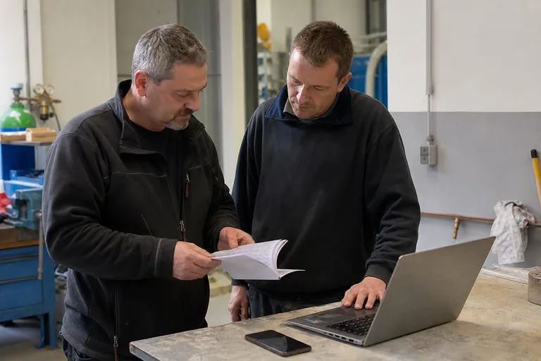 Papierheft, Laptop mit Tabelle und Smartphone auf einer Werkbank im Handwerksbetrieb