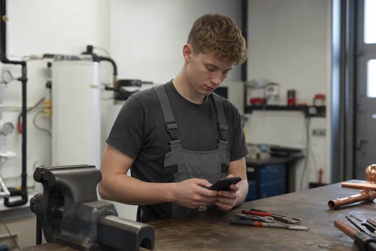 SHK Auszubildender dokumentiert nach einem Arbeitstag auf dem Smartphone seinen Wochenbericht