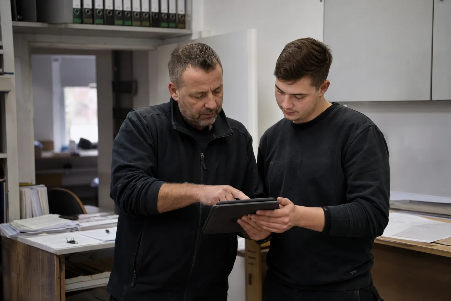 Ausbilder und Auszubildender prüfen auf einem Tablet die Vollständigkeit von Ausbildungsnachweisen