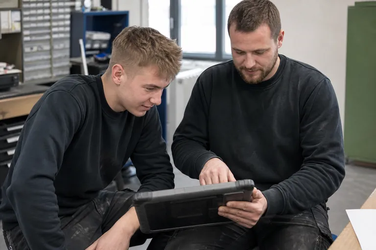Ausbilder und Auszubildender richten an einem Tablet einen digitalen Ausbildungsnachweis ein