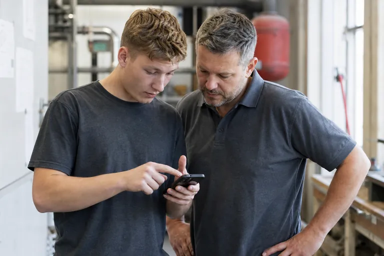 Ausbilder und Auszubildender sehen in einer Werkstatt auf ein Smartphone mit digitalem Ausbildungsnachweis