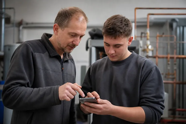 Ausbilder und Auszubildender prüfen in einer Werkstatt offene Einträge auf einem Smartphone