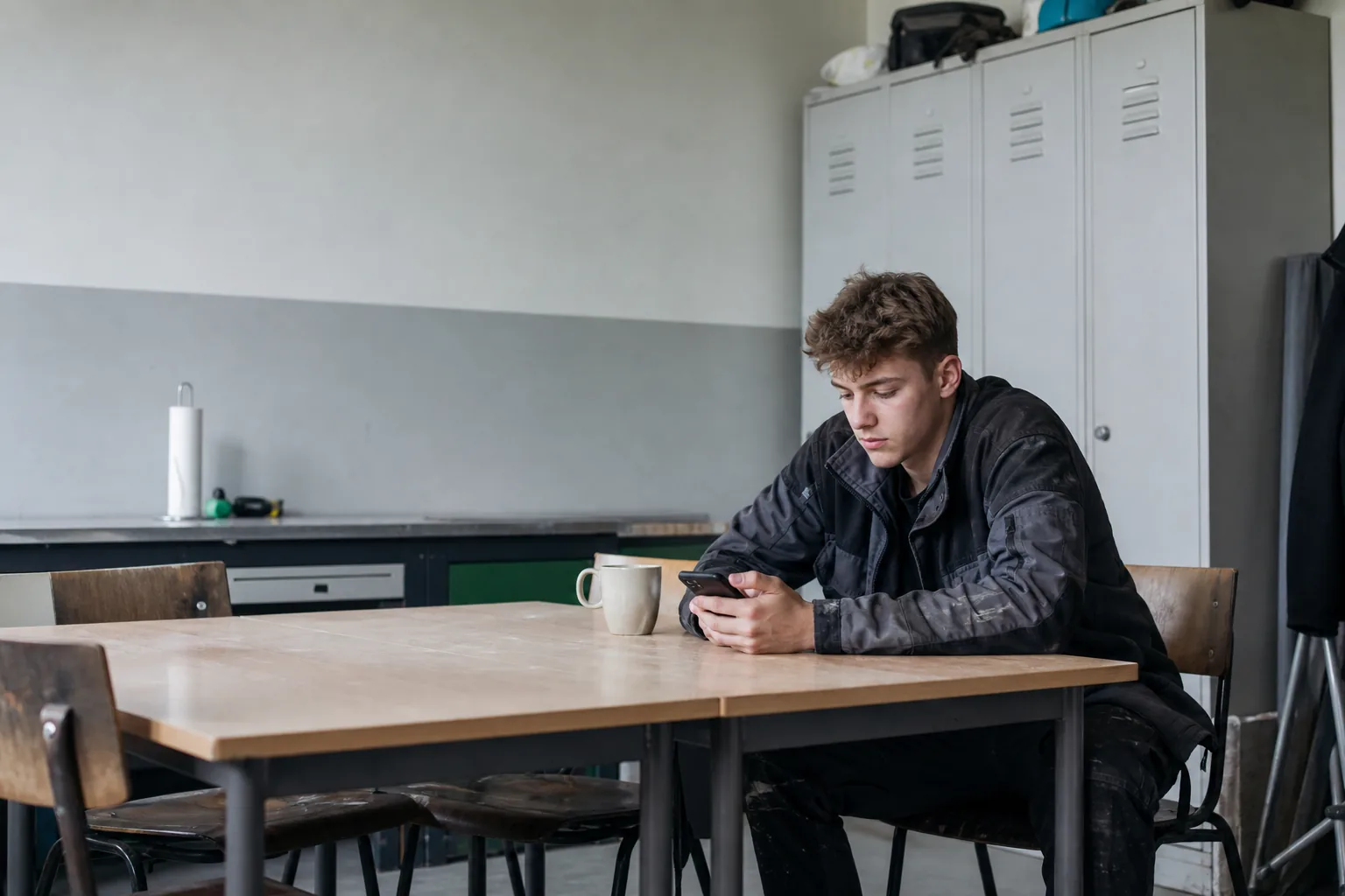 Auszubildender führt nach Feierabend seinen Ausbildungsnachweis am Smartphone