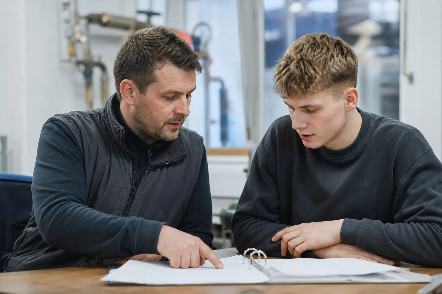 Ausbilder und Auszubildender besprechen Ausbildungsunterlagen an einem Schreibtisch